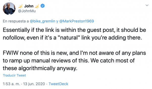 John Mueller said that links within guest blog posts or contributed content should be nofollowed.