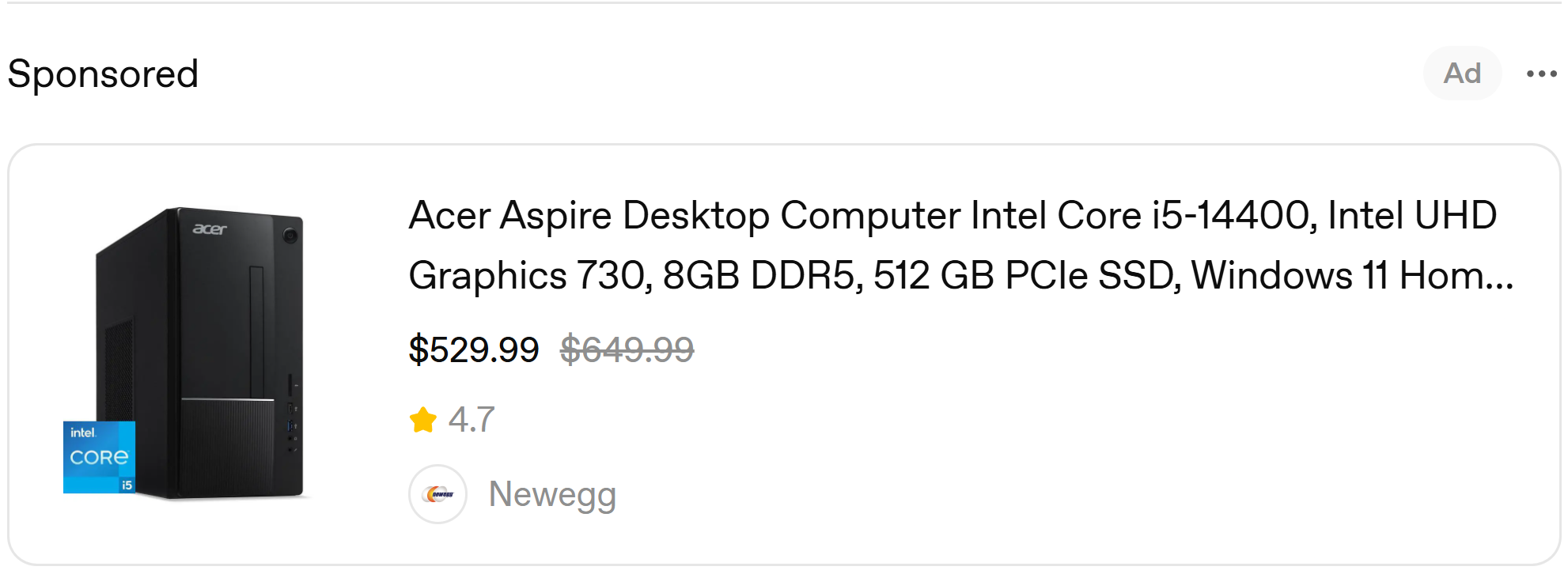 Sponsored Newegg product ad as it appears below a ChatGPT response