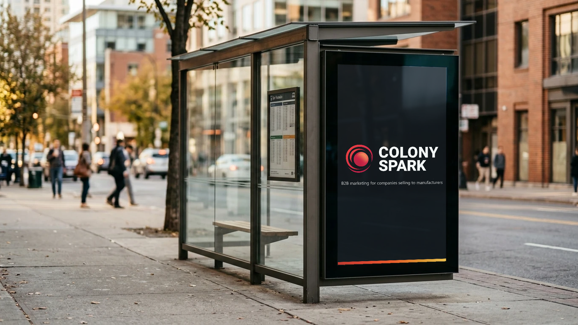 Mockup of a Colony Spark ad on a digital out-of-home bus shelter screen
