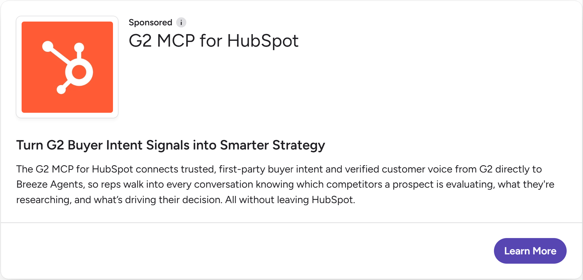 Sponsored listing for HubSpot’s G2 MCP shown on a G2 warehouse management software category page