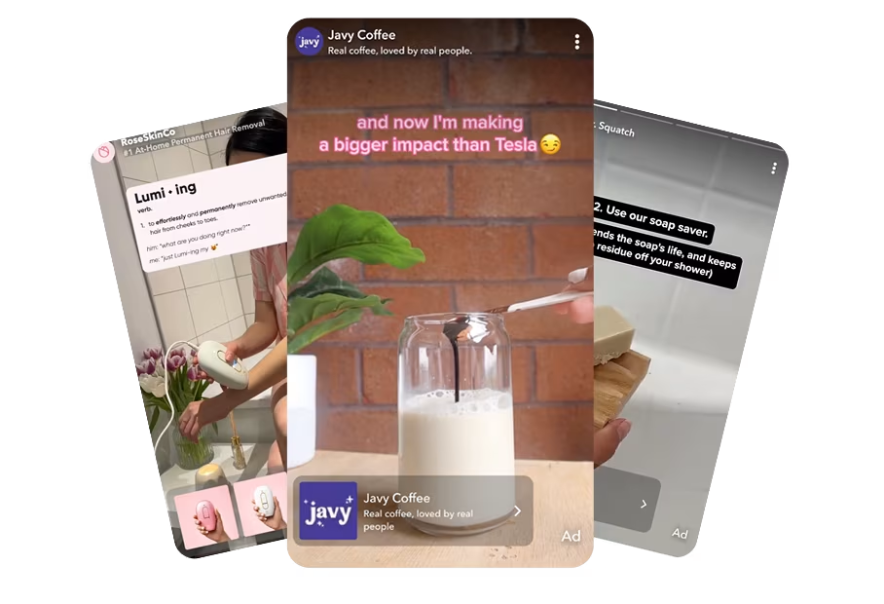 Examples of Snapchat ads shown as vertical sponsored stories labeled Ad